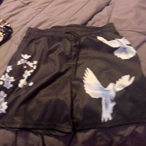 Black Shorts with University Blue Bird and Floral Design
